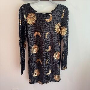 Crystal Doll Sequin Celestial Sun Moon Mini Dress Black Gold Open Back Large